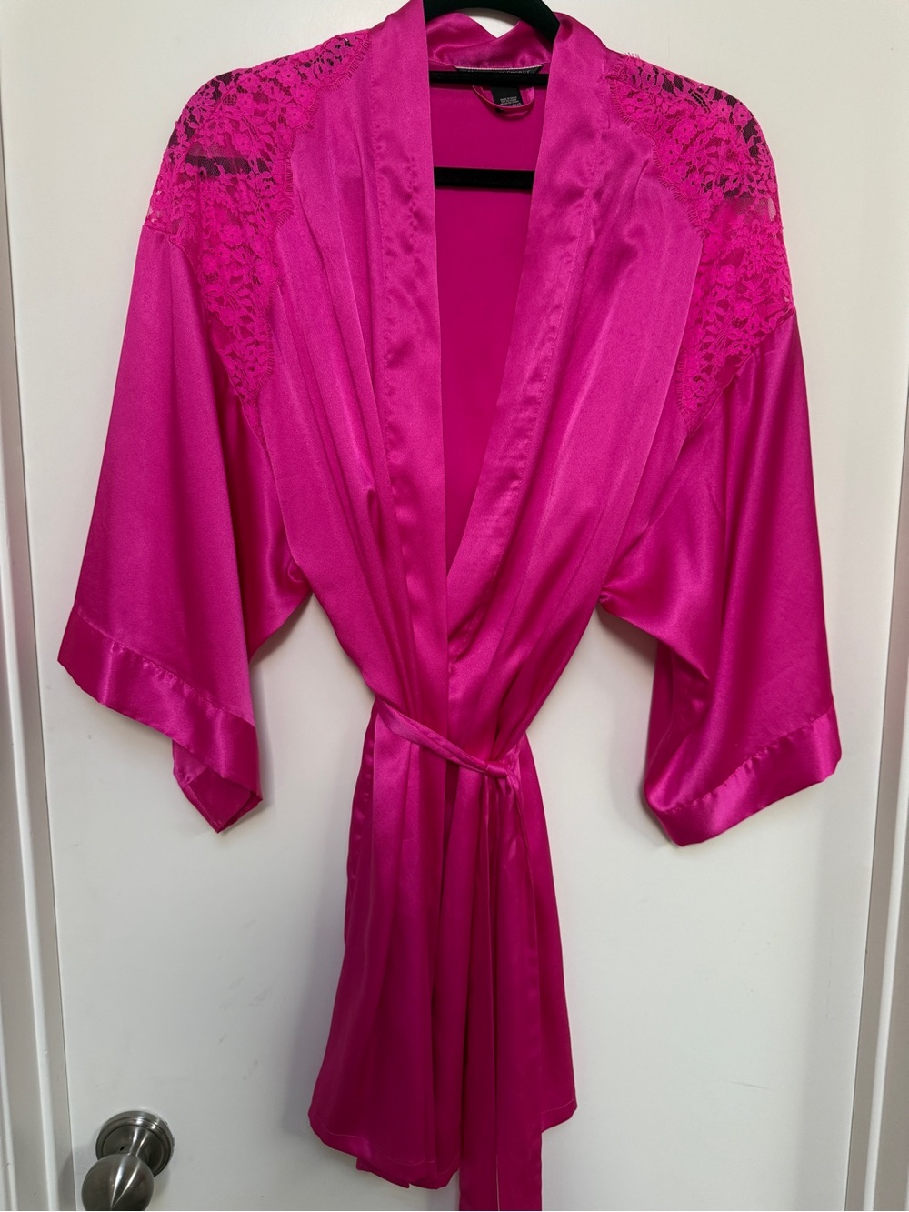 Victorias Secret Silky Lace Shoulder Robe - Hot Pink. Medium